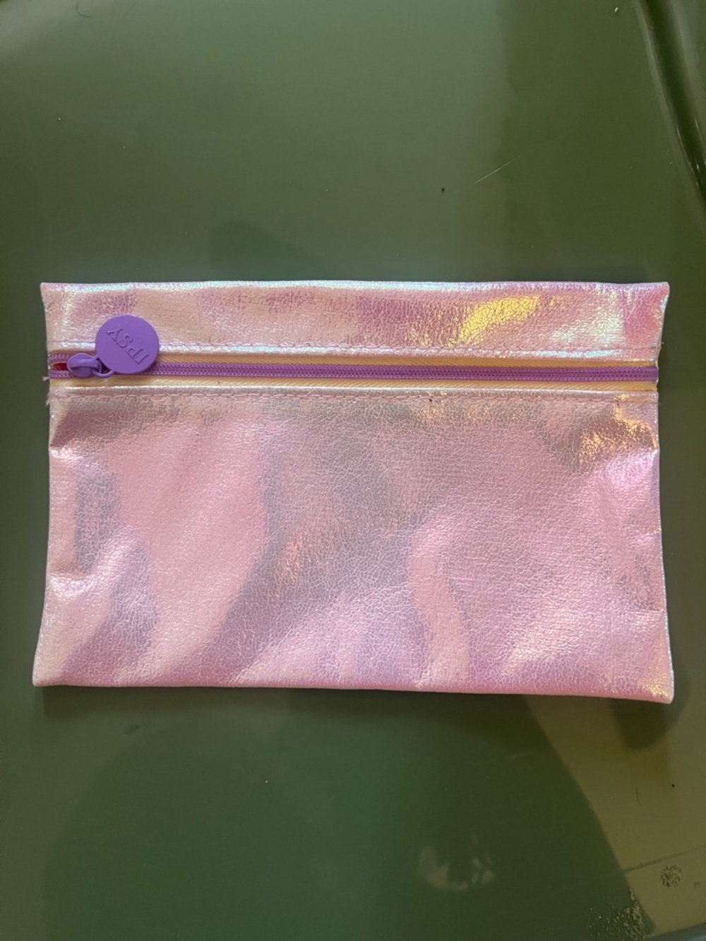 ipsy Pink Iridescent Cosmetic Pouch with Purple Zip